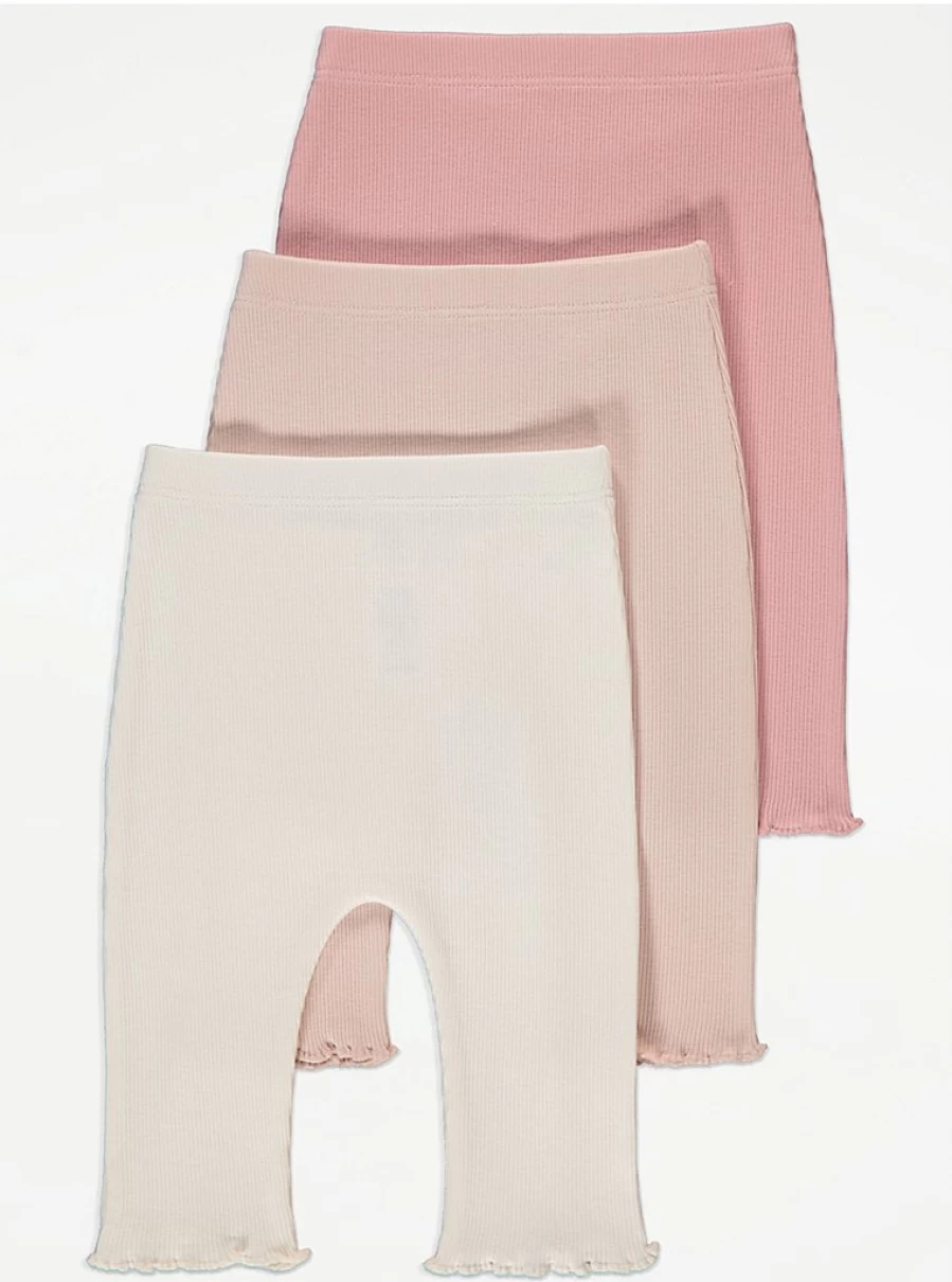 "George at Asda Baby Girls' Pastel Pink Rib Lettuce Trim Ankle Leggings 3-Pack"