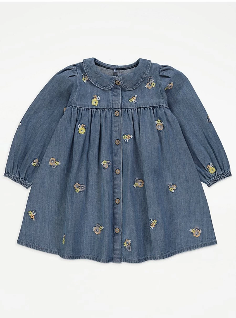 "George at Asda Girls Floral Embroidered Denim Dress with Long Sleeves – Cute & Comfortable"