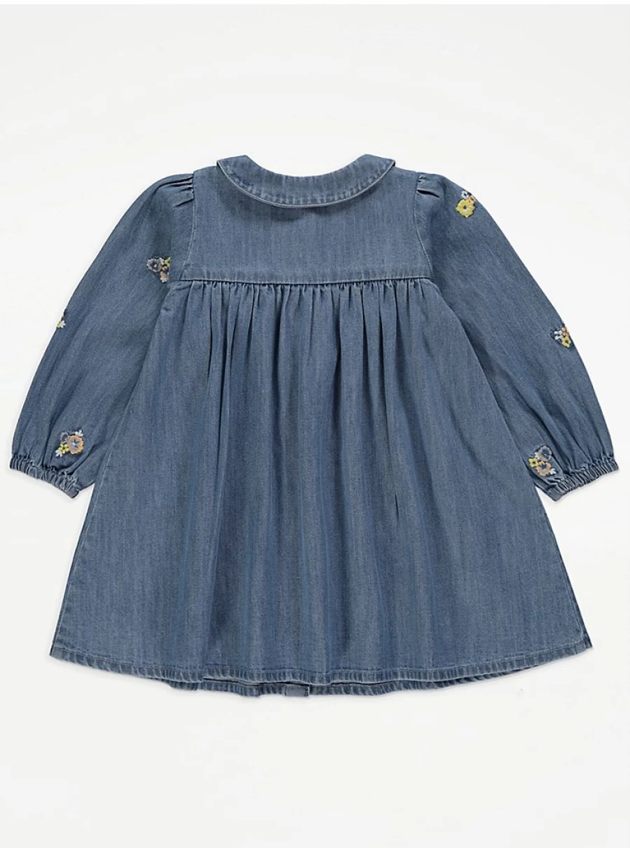 "George at Asda Girls Floral Embroidered Denim Dress with Long Sleeves – Cute & Comfortable"