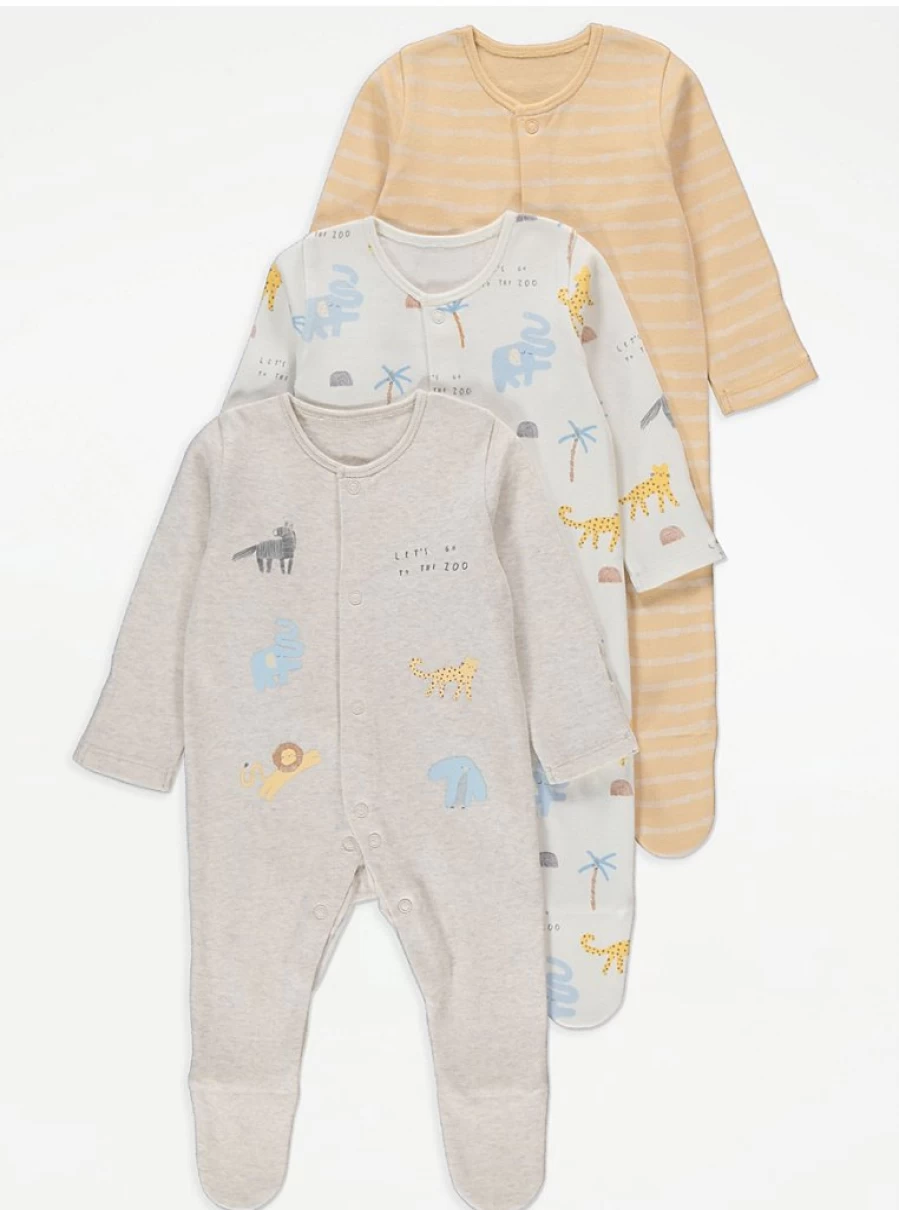 George at Asda Baby Zoo Animals 3-Pack Long Sleeve Sleepsuits – Soft, Comfortable & Adorable Sleepwear for Infants