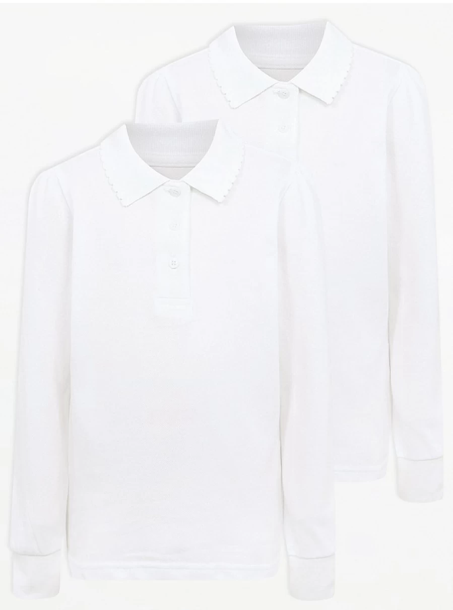 "George at Asda Girls' 2 Pack Scallop Edge Long Sleeve School Polo Shirts"