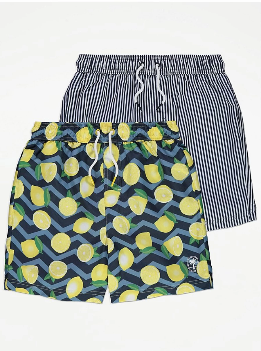 "George at Asda Boys' Lemon Stripe Swim Shorts 2-Pack – Comfort & Style for Kids"