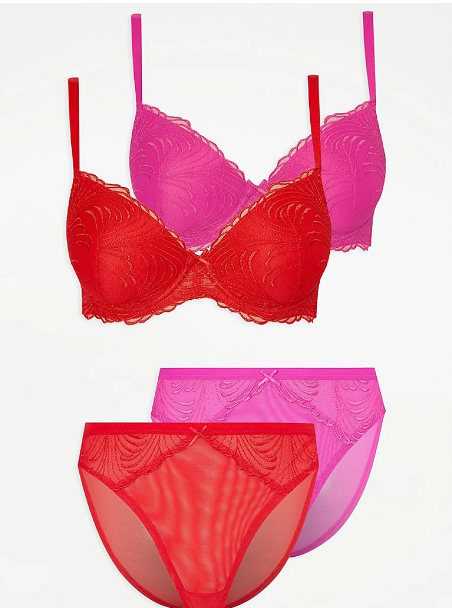 George at Asda Women's Bright Embroidered Cotton T-Shirt Bras & High Leg Knickers 2-Pack Set