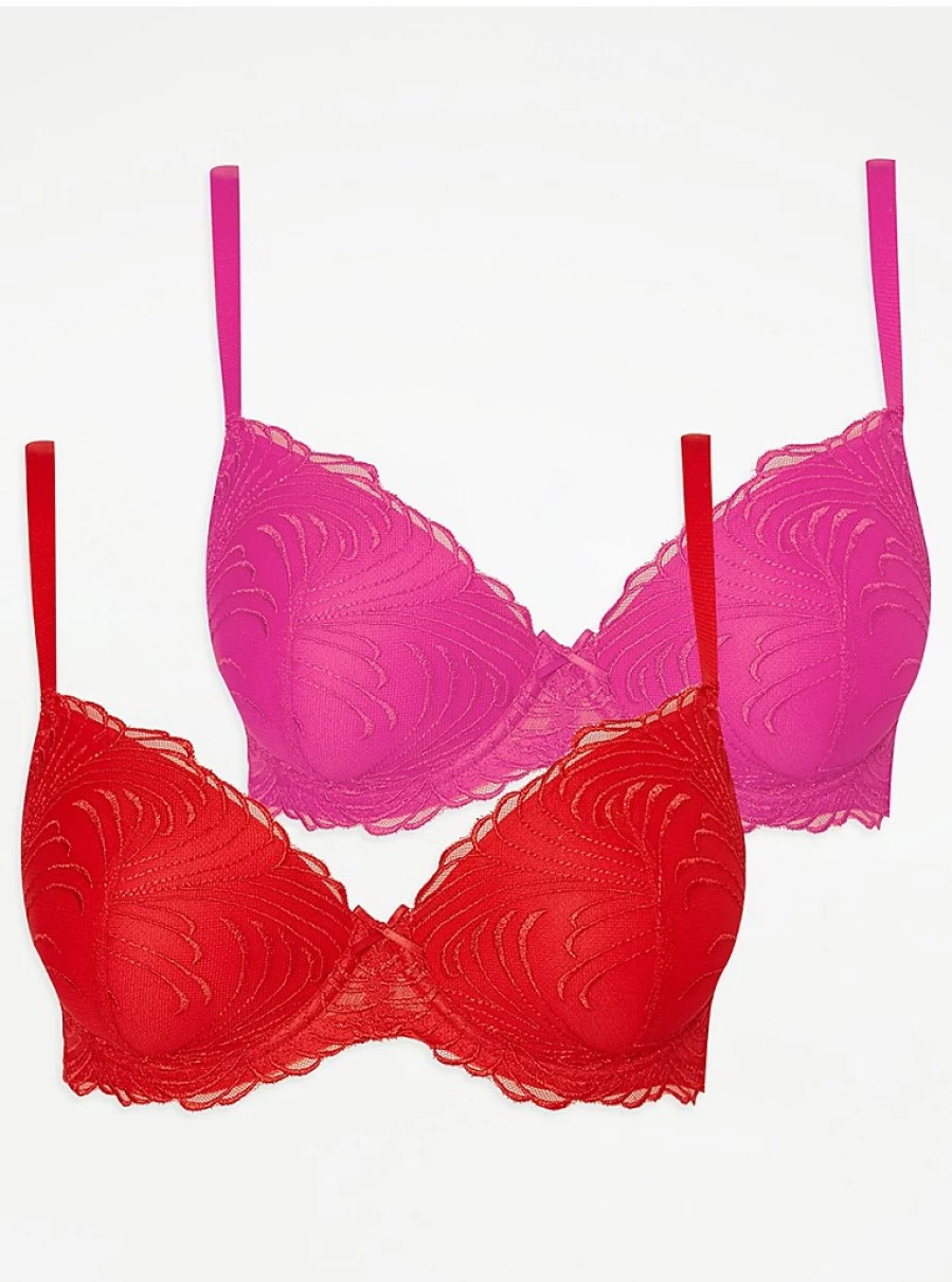 George at Asda Women's Bright Embroidered Cotton T-Shirt Bras & High Leg Knickers 2-Pack Set