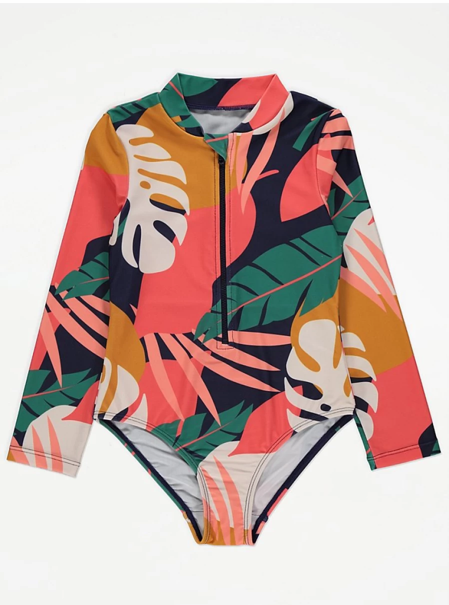 "George at Asda Kids' Tropical Print Long Sleeve Zip Front Swimsuit – UPF Sun Protection Beachwear"