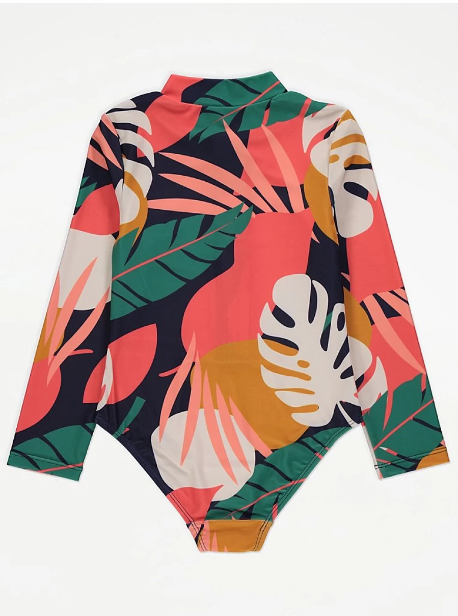 "George at Asda Kids' Tropical Print Long Sleeve Zip Front Swimsuit – UPF Sun Protection Beachwear"