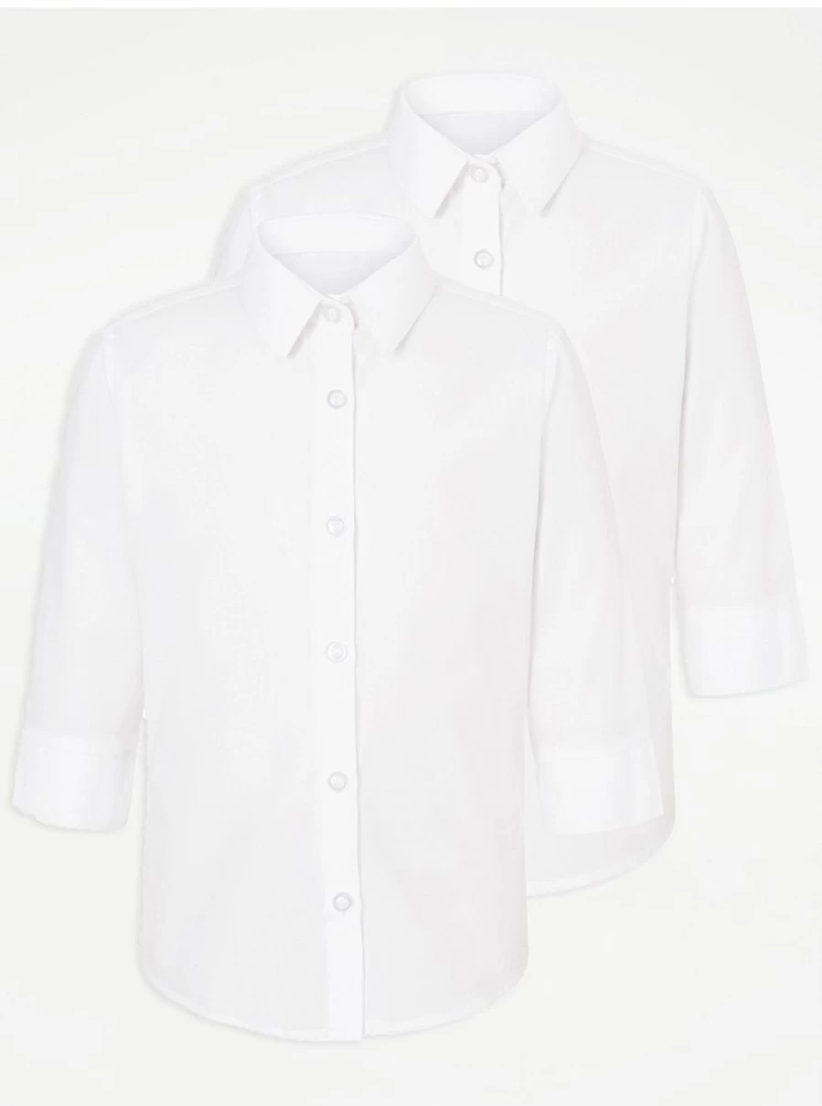 "George at Asda Girls' White 3/4 Sleeve School Shirts 2-Pack – Comfortable & Stylish Uniform Tops"