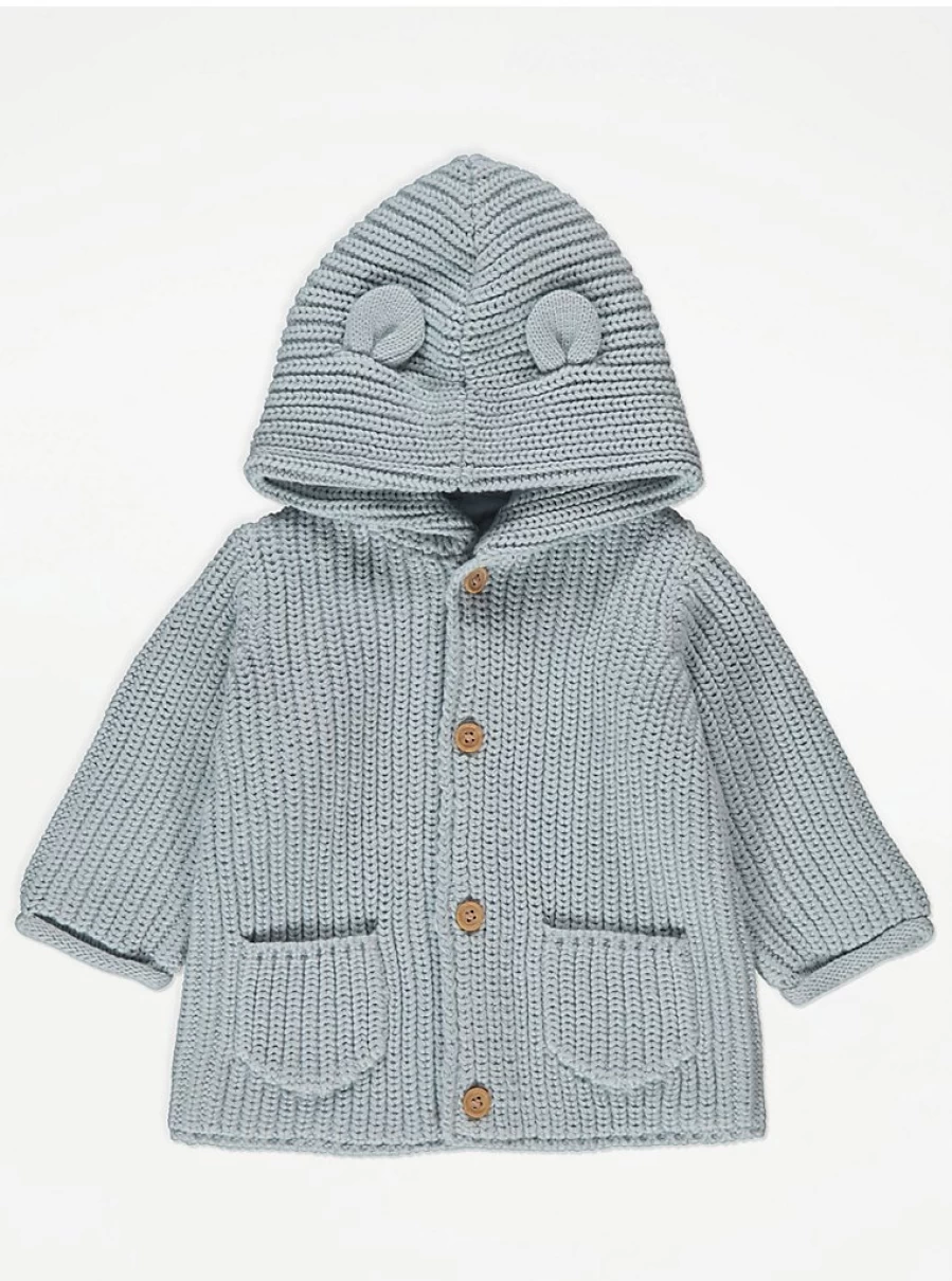 "George at Asda Boys' Light Blue Knit Hooded Cardigan with 3D Ears and Buttons"