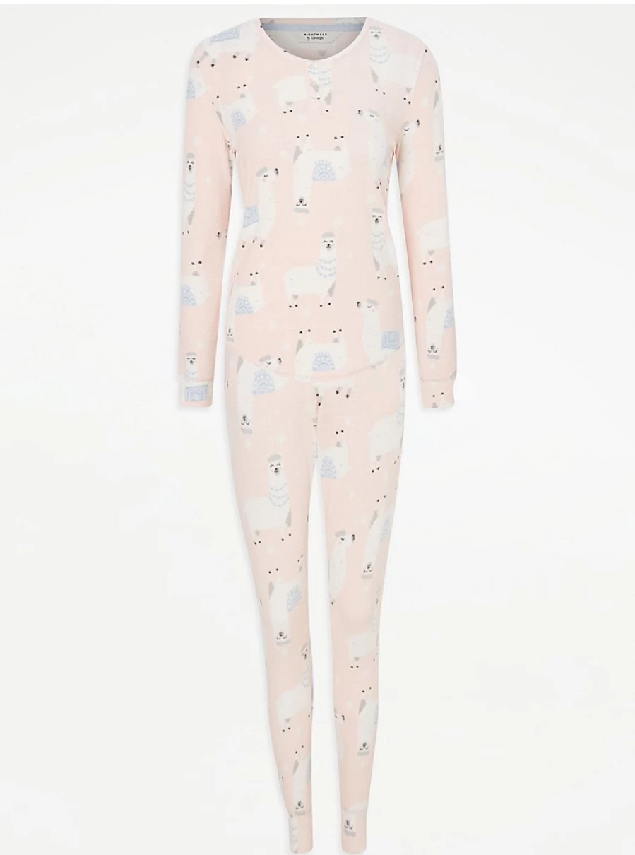 "George at Asda Pink Llama Waffle Fleece Long Sleeve Pyjamas for Women - Cozy Winter Sleepwear"