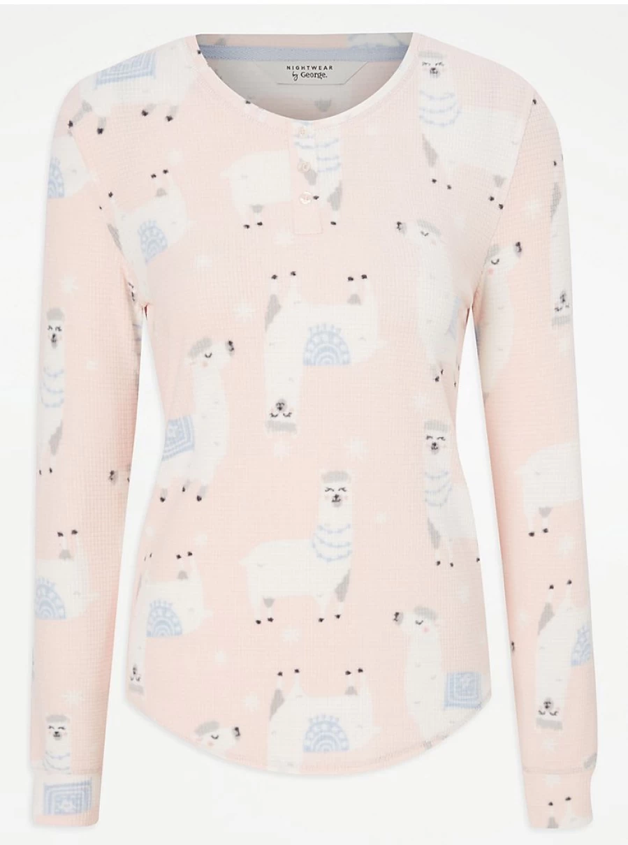 "George at Asda Pink Llama Waffle Fleece Long Sleeve Pyjamas for Women - Cozy Winter Sleepwear"