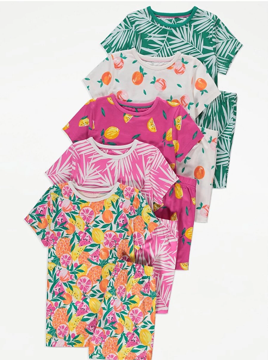 Girls' Bright Fruit Leaf Short Pyjamas 5-Pack | George at Asda | Comfortable Kids' Sleepwear