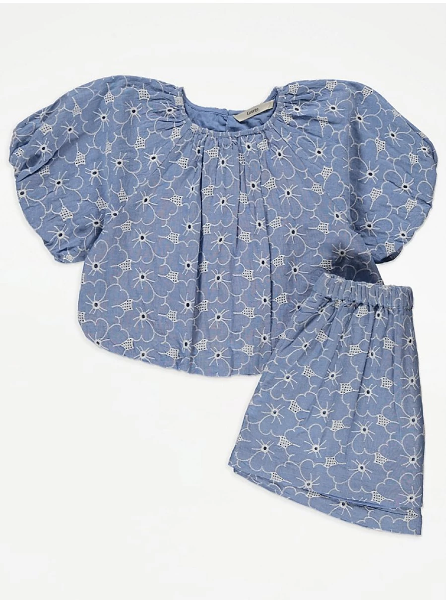 "George at Asda Girls' Blue Denim Embroidered Top and Shorts Outfit Set"