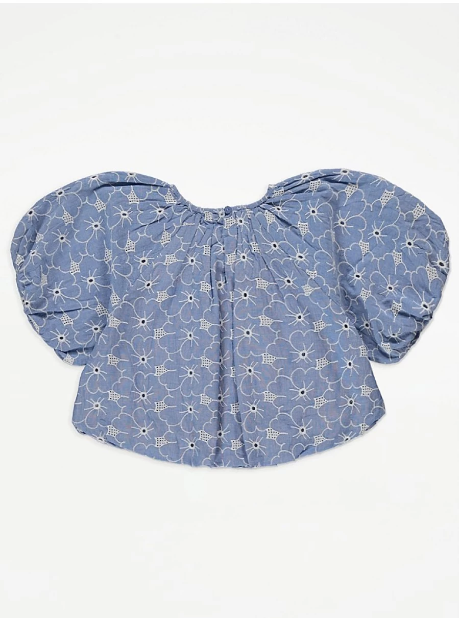 "George at Asda Girls' Blue Denim Embroidered Top and Shorts Outfit Set"