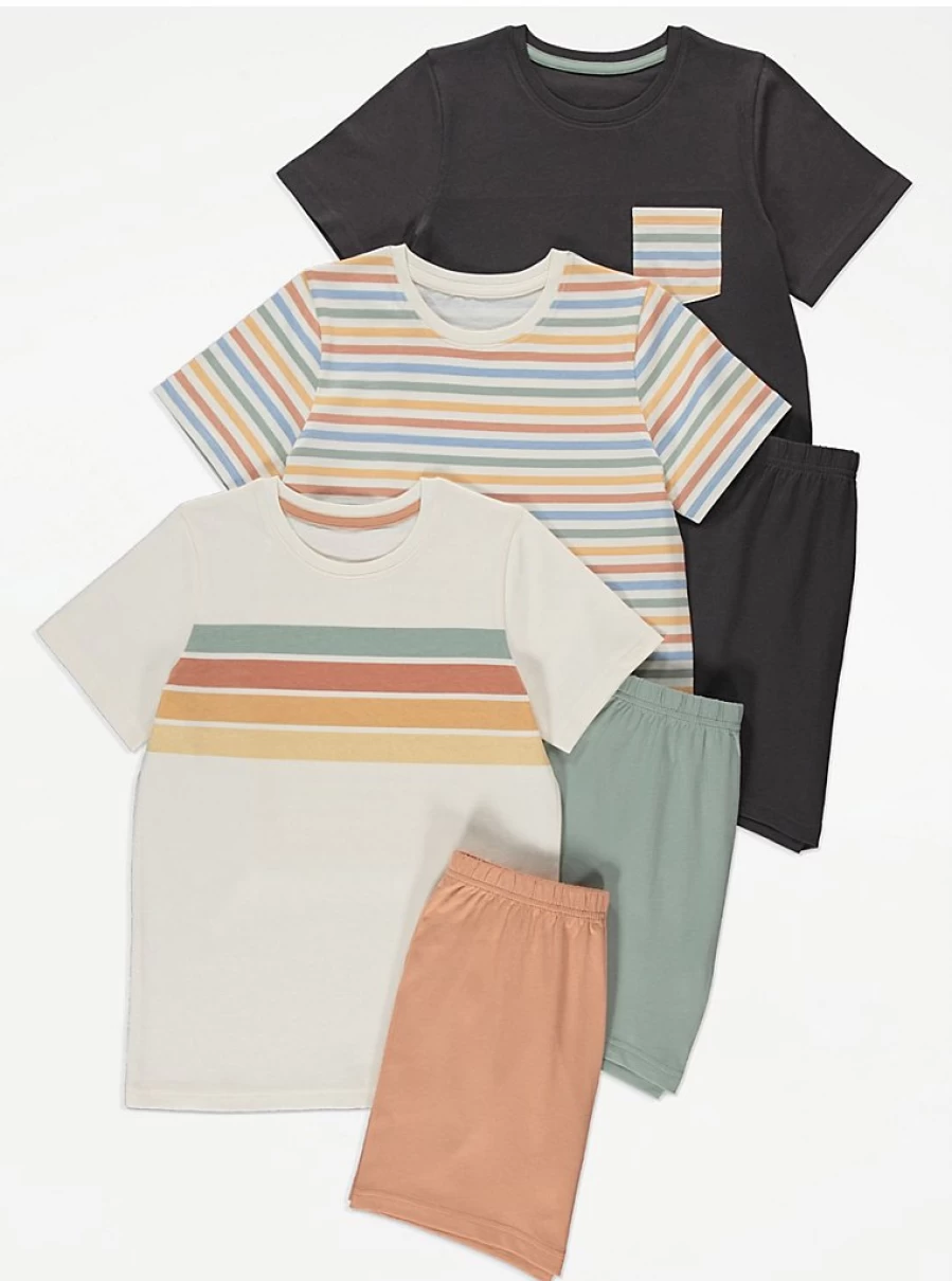 "George at Asda Boys' Muted Stripe Pyjamas 3-Pack | Soft Kids Pajama Set"