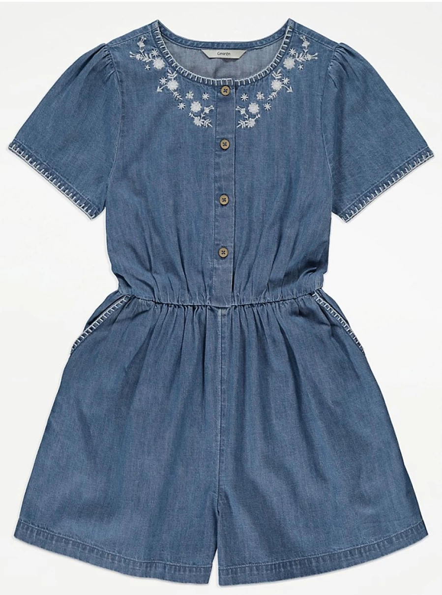 "George at Asda Girls' Blue Embroidered Denim Playsuit | Kids' Fashion Review"