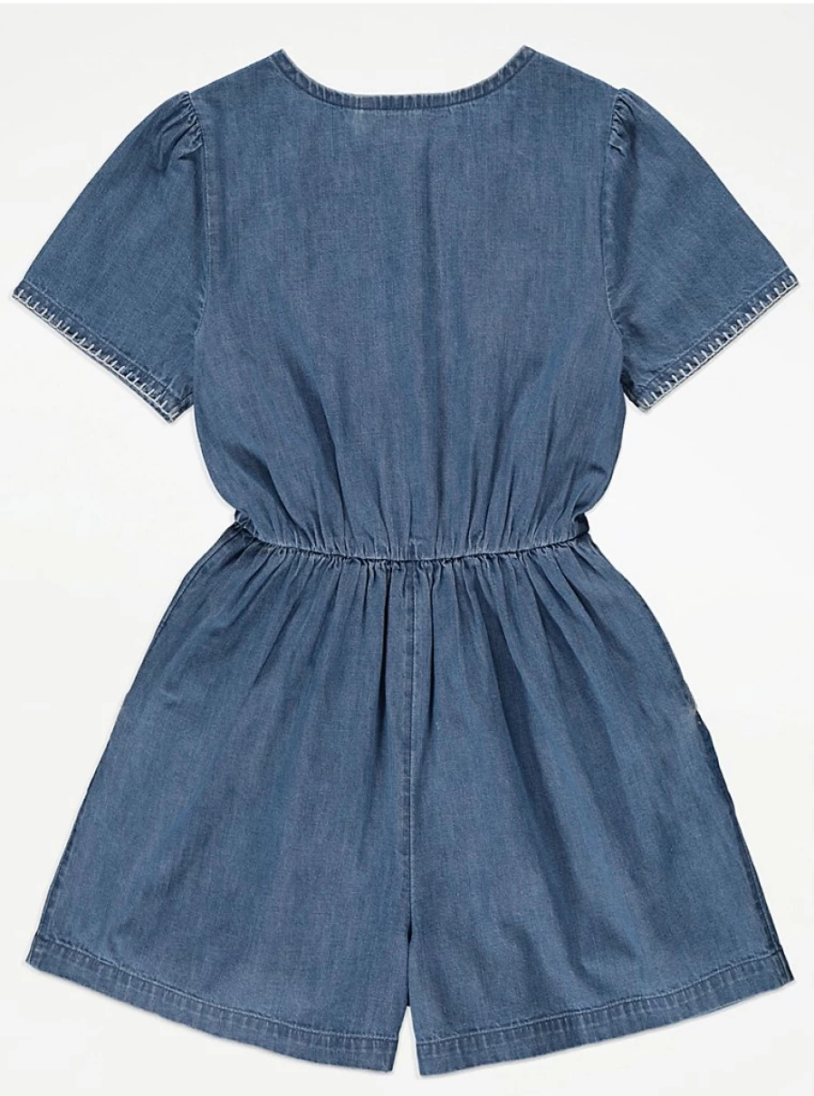 "George at Asda Girls' Blue Embroidered Denim Playsuit | Kids' Fashion Review"