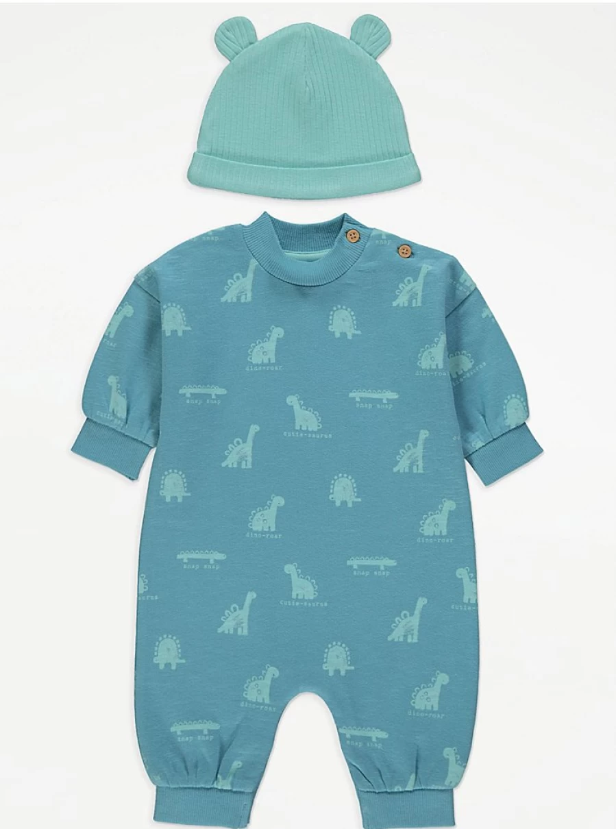 "George at Asda Boys' Blue Dinosaur All-in-One Outfit with Hat | Baby Romper Review"