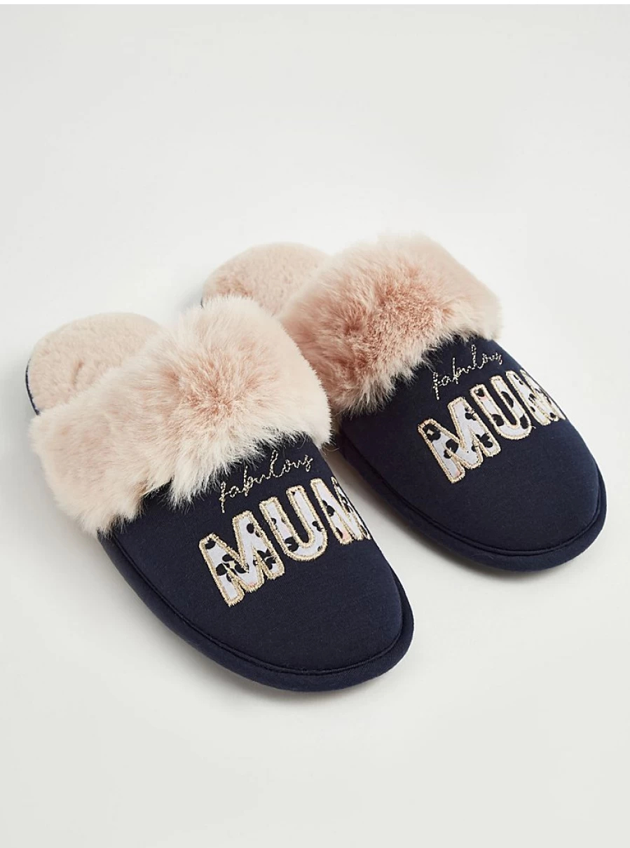 "George at Asda Navy Faux Fur Mule Slippers for Women – Comfortable Fabulous Mum House Shoes"