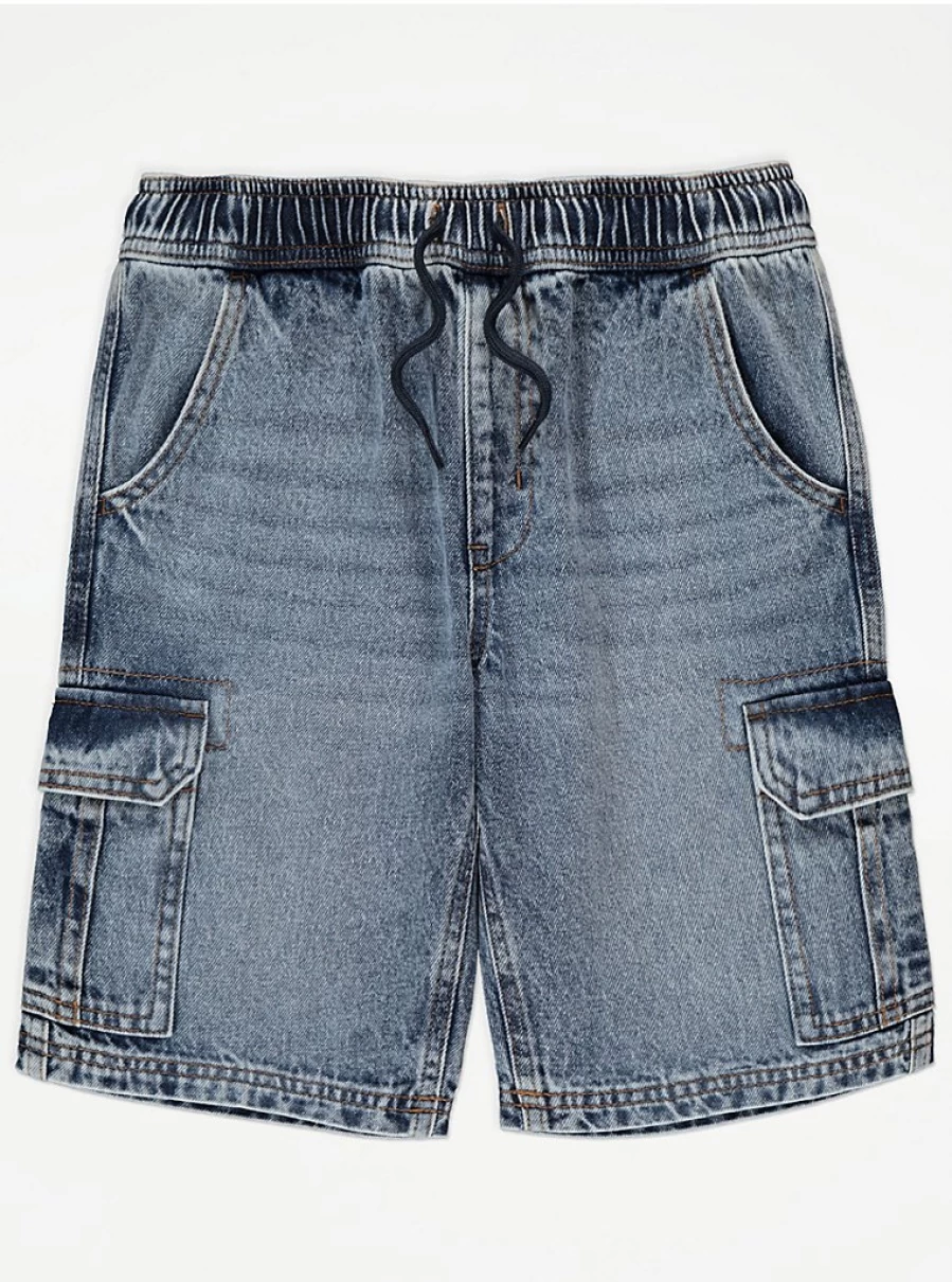 "George at Asda Boys' Mid Wash Denim Cargo Shorts – Comfortable Pull-On Style for Kids"