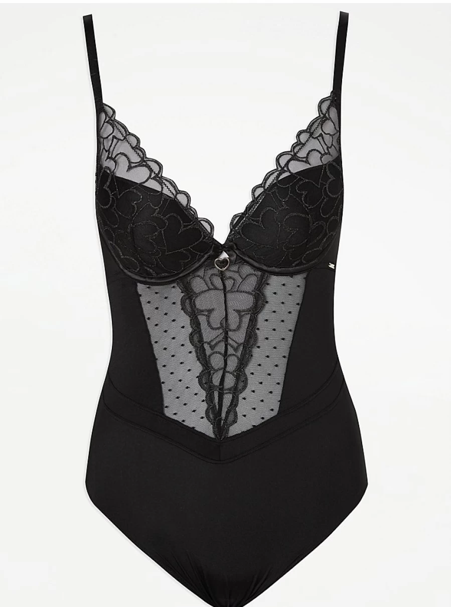 Black Embroidered Heart Lace Plunge Bodysuit by George at Asda | Sexy Lingerie Review