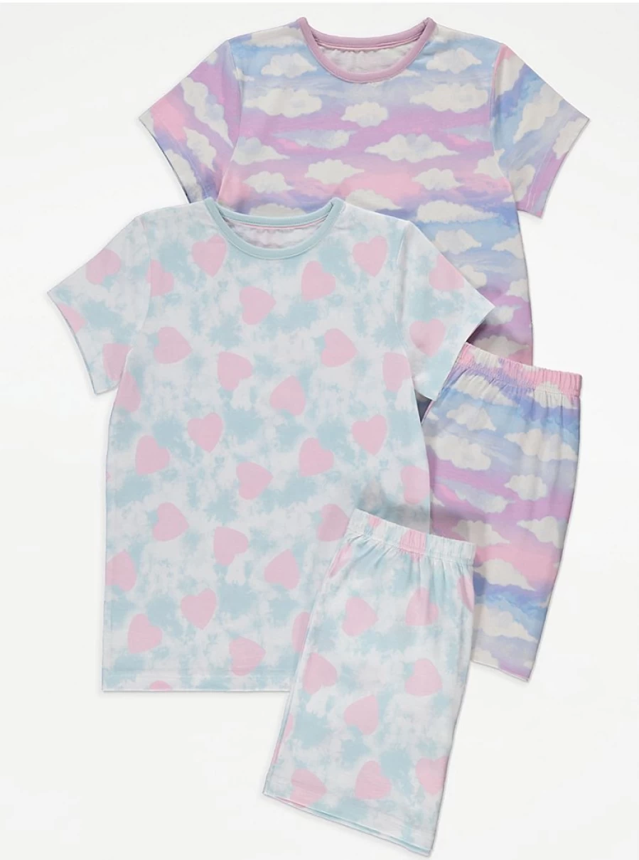 Girls' Tie-Dye Heart & Clouds Short Pyjama 2-Pack | George at Asda | Soft Cotton Sleepwear Set