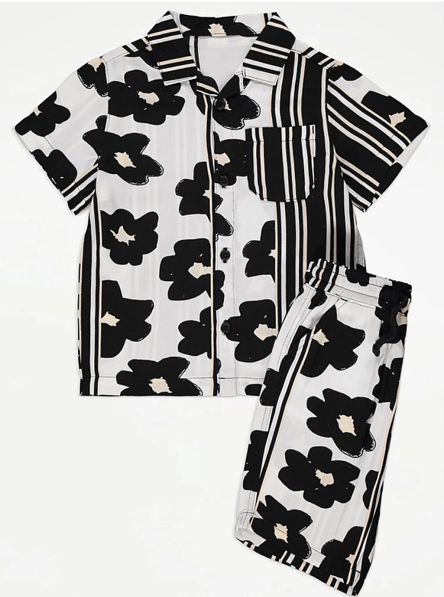 "George at Asda Boys Black Floral Stripe Shirt and Shorts Set – Kids' Outfit Review"