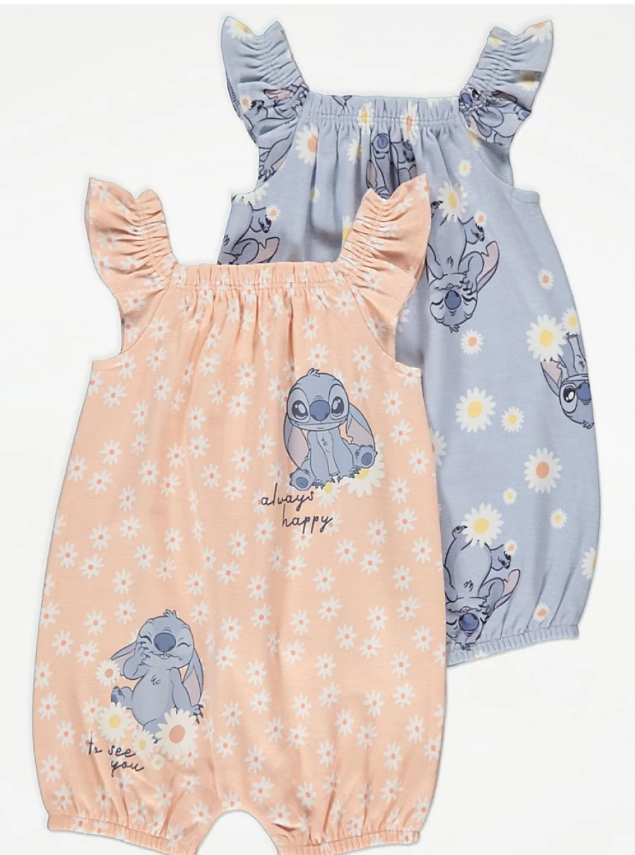 Disney Lilo & Stitch Baby Girls' 2-Pack Frill Daisy Rompers | George at Asda