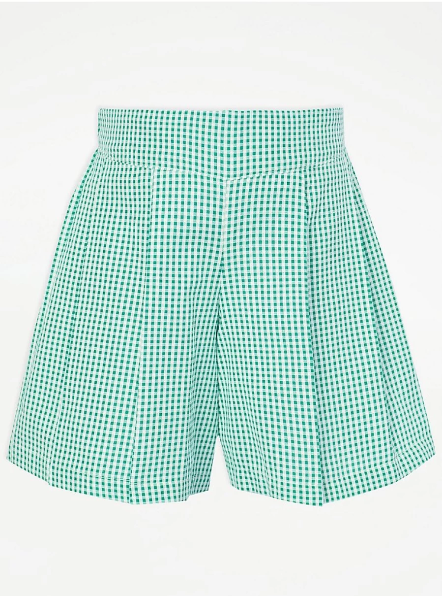 George at Asda Green Gingham Pleated School Shorts for Girls & Boys | Comfortable Uniform Shorts