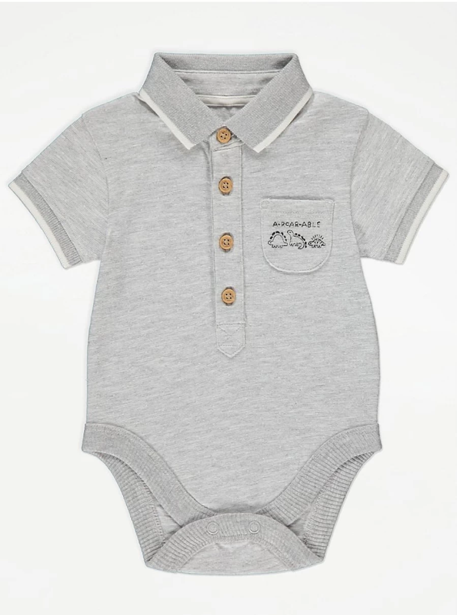 George at Asda Baby Grey Marl Stripe Dinosaur Polo Bodysuit - Soft Cotton Infant Romper