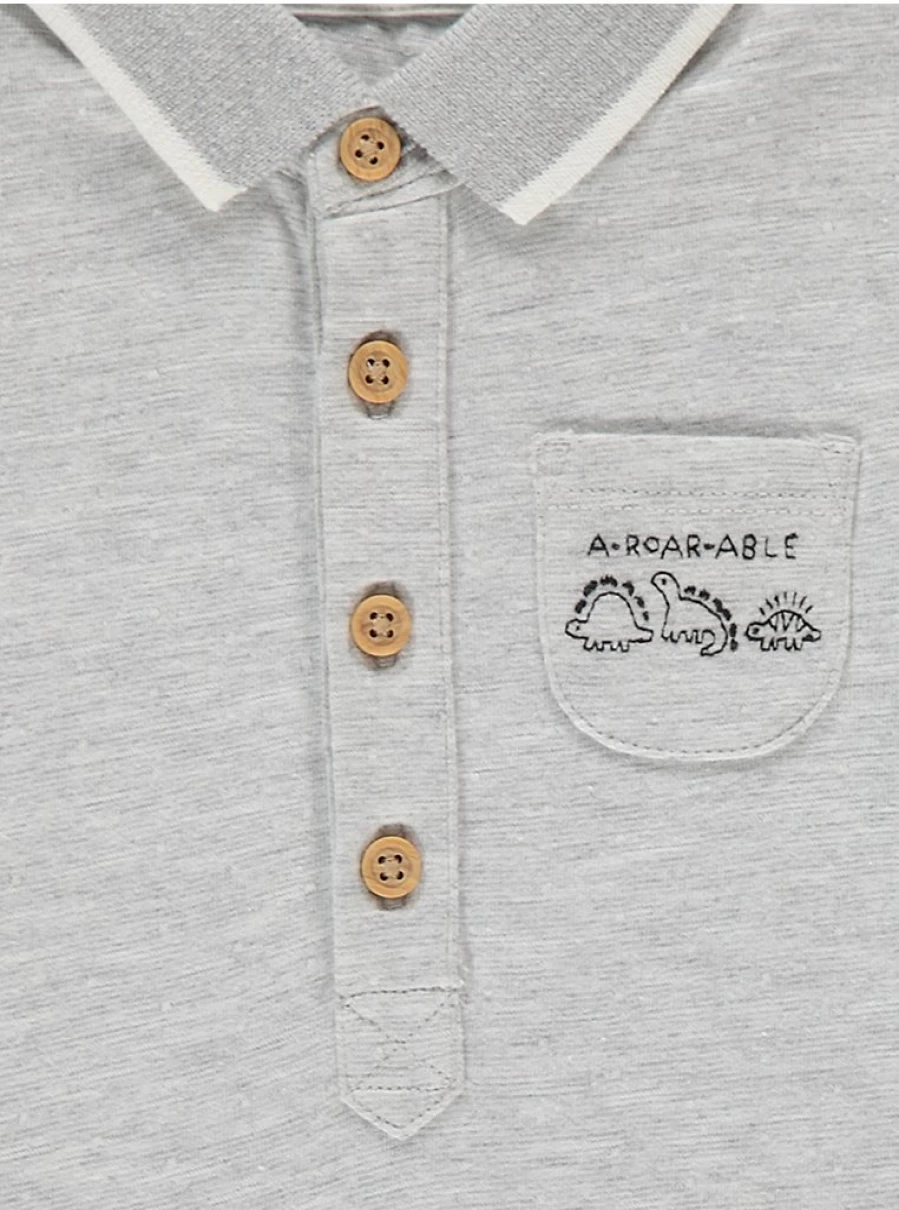 George at Asda Baby Grey Marl Stripe Dinosaur Polo Bodysuit - Soft Cotton Infant Romper