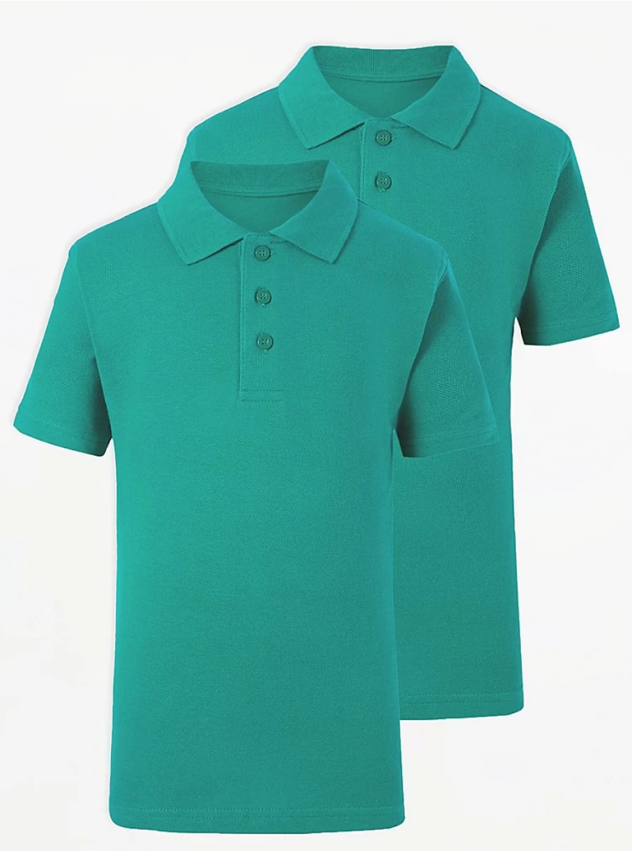 "George at Asda Jade Green Short Sleeve Polo Shirts 2 Pack for School Uniforms"