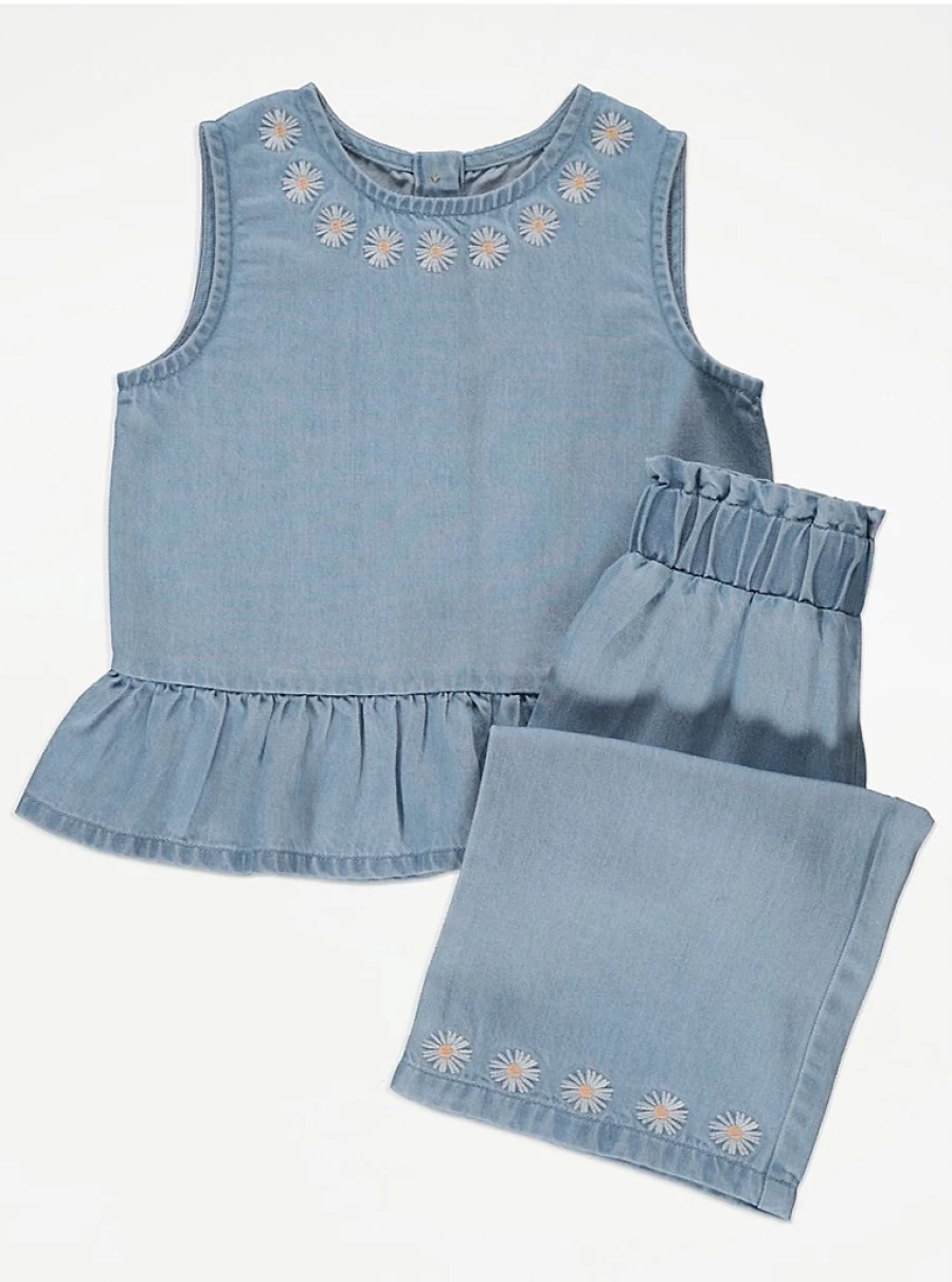 "Girls' Light Denim Daisy Peplum Top & Trousers Set | George at Asda Outfit Review"