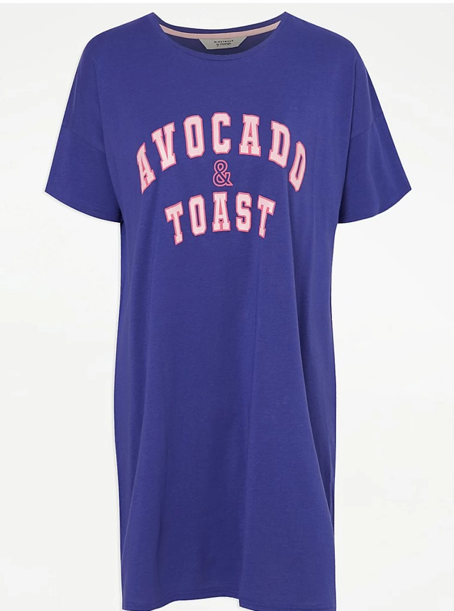 "George at Asda Blue Avocado & Toast Print Nightdress - Comfortable Women's Lingerie Sleepwear"