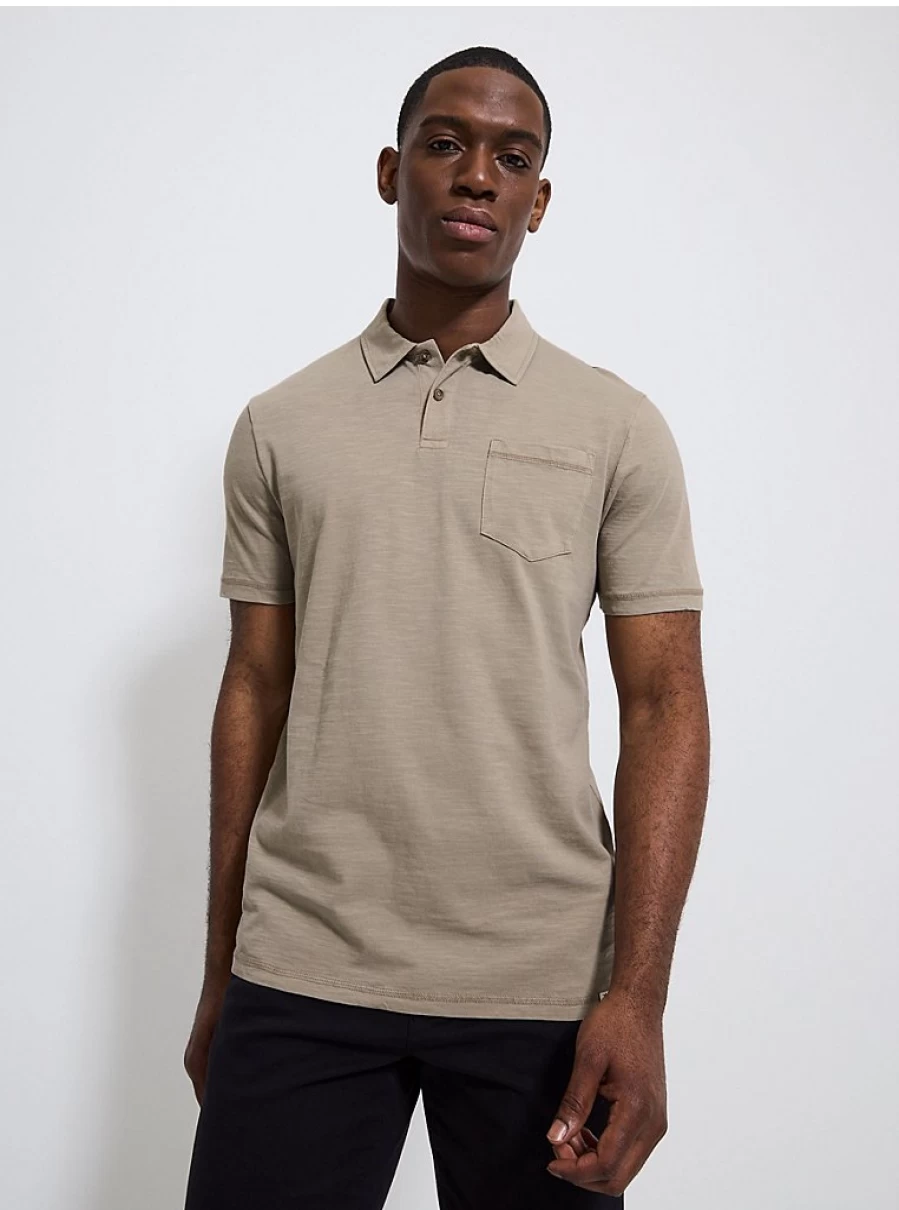 Men's Sage Green Slub Textured Henley Pocket Polo Shirt | George at Asda