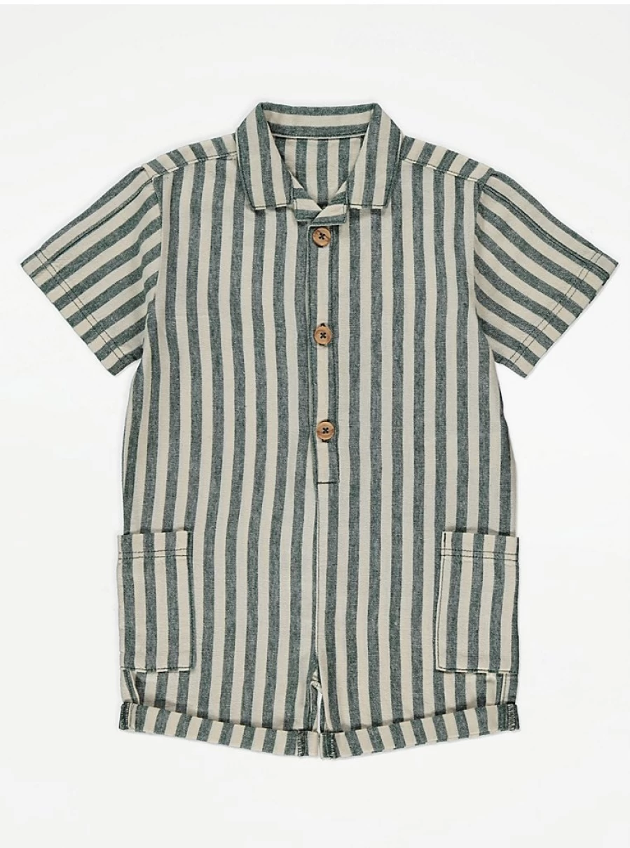 "George at Asda Boys' Green Stripe Linen Blend Romper – Comfortable Kids' Shirt-Style Outfit"