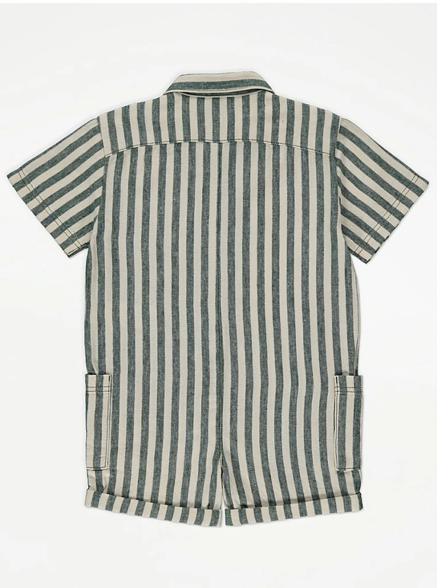"George at Asda Boys' Green Stripe Linen Blend Romper – Comfortable Kids' Shirt-Style Outfit"