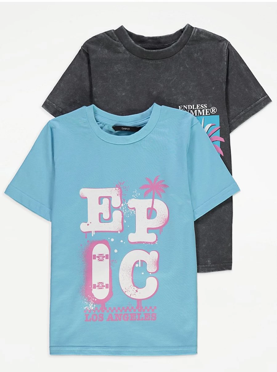 "George at Asda Boys' Endless Summer Epic T-Shirts 2 Pack | Kids' Comfortable Casual Tees"