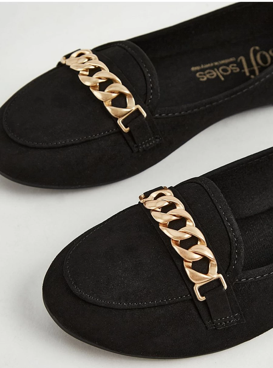 "Women's Wide Fit Black Chain Detail Loafers - Ballet Flat Shoes by George at Asda"