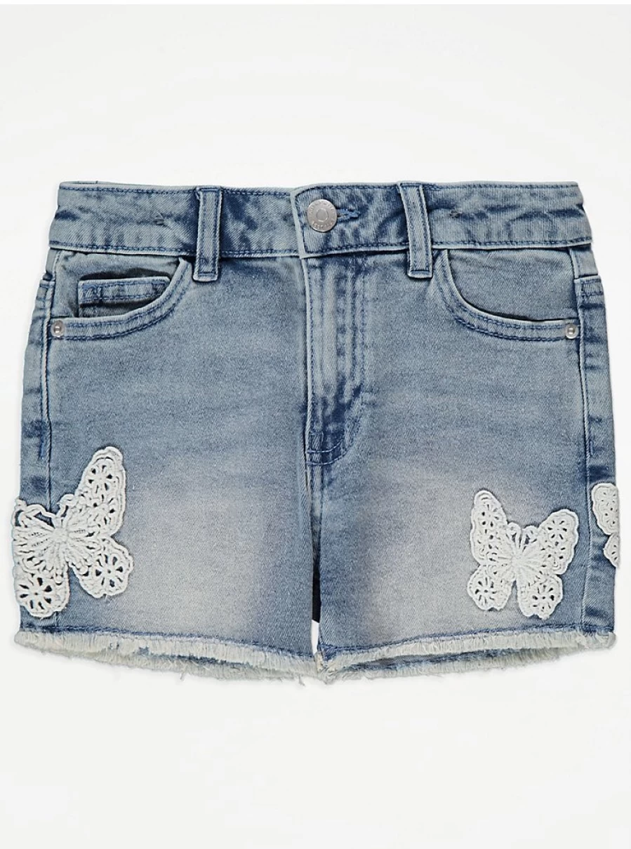 "George at Asda Girls' Blue Crochet Butterfly Denim Shorts – Comfortable & Stylish Kids' Shorts"