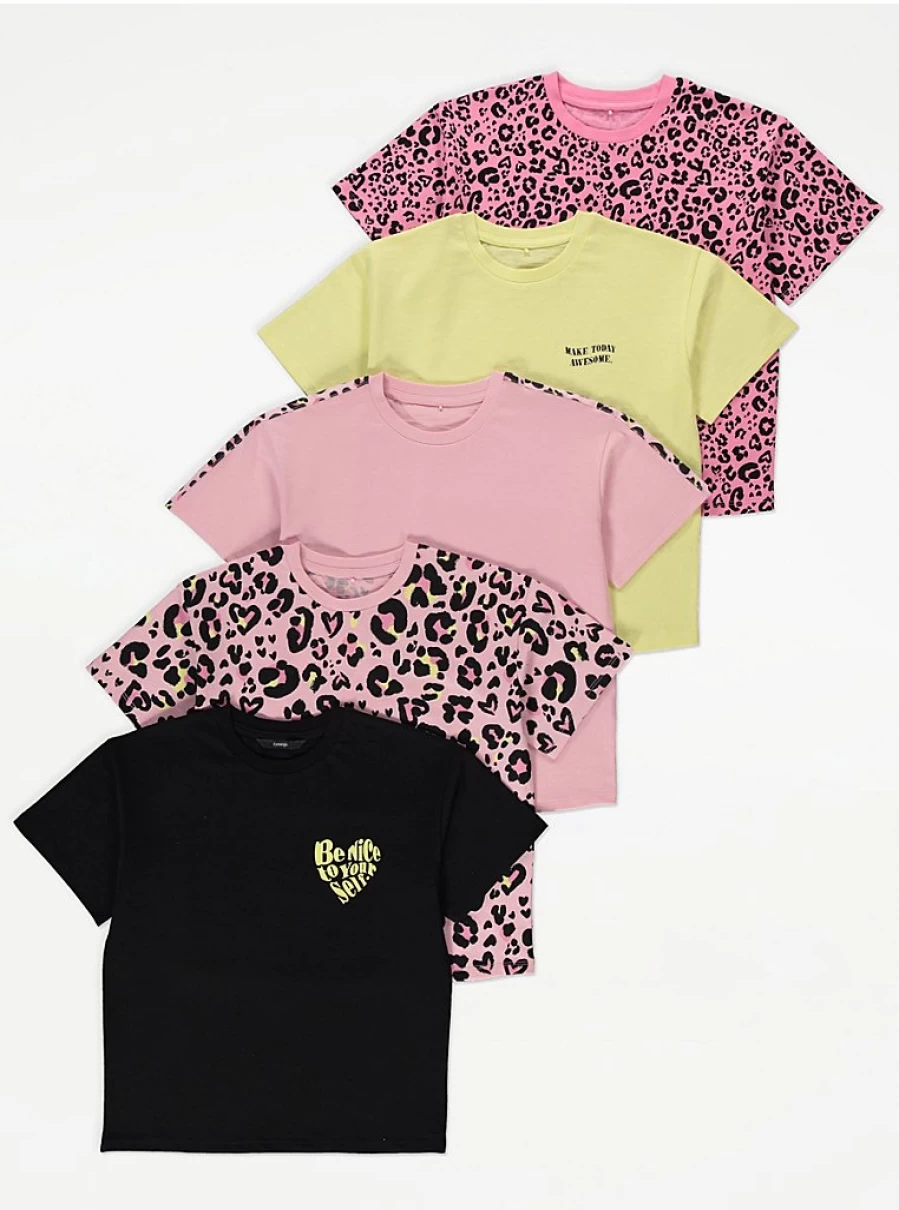 "George at Asda Girls Neon Leopard Print Slogan T-Shirts 5-Pack | Kids Fashion"