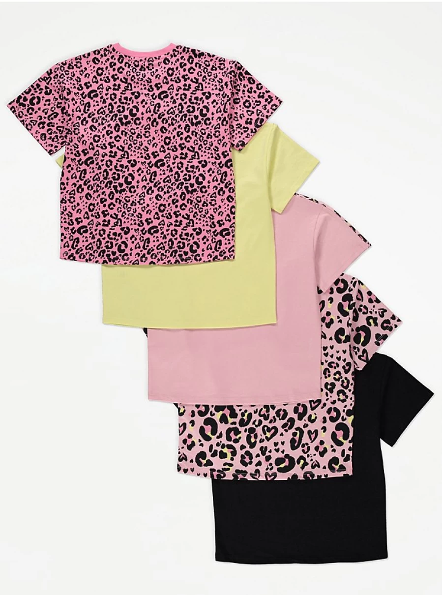 "George at Asda Girls Neon Leopard Print Slogan T-Shirts 5-Pack | Kids Fashion"
