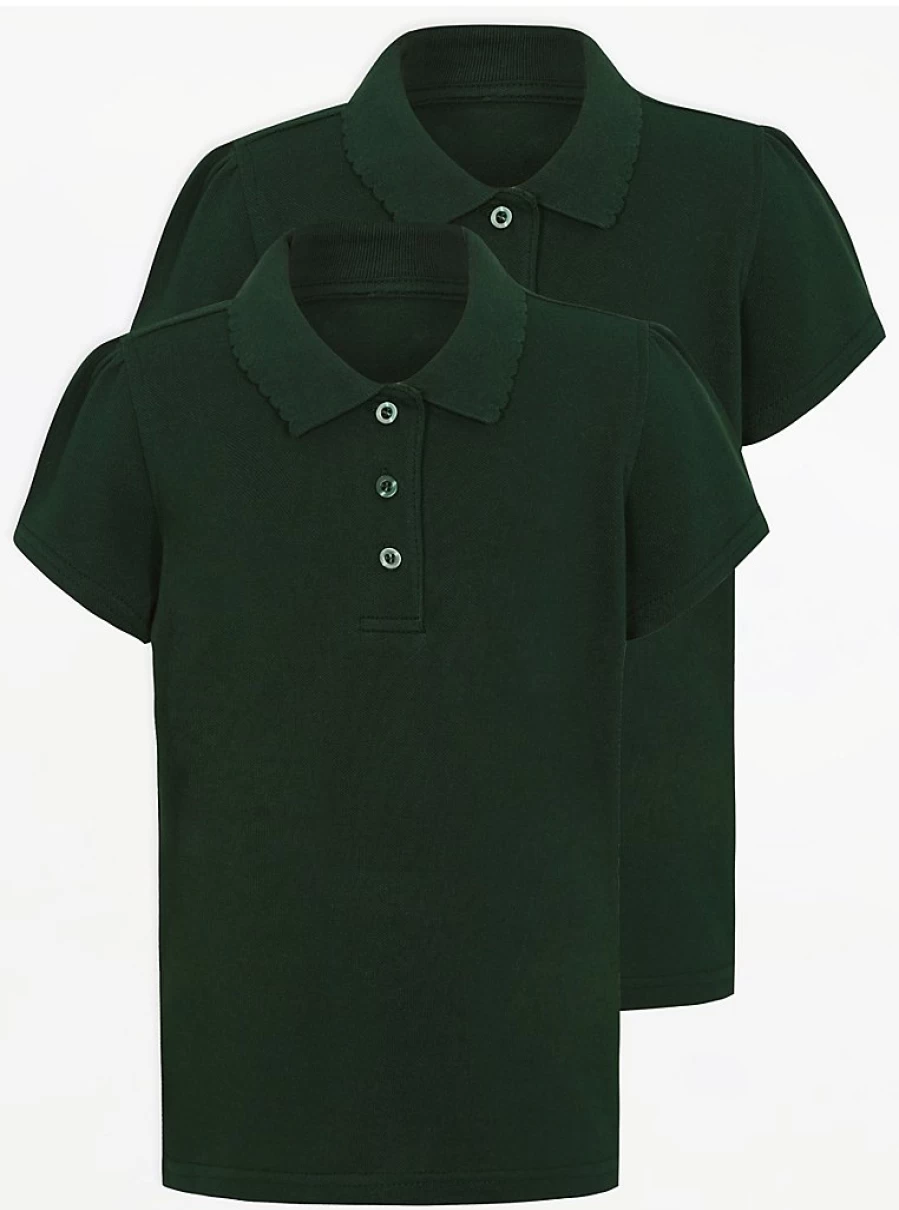 2 Pack Girls' Bottle Green Scallop Edge Short Sleeve Polo Shirts for School | George at Asda