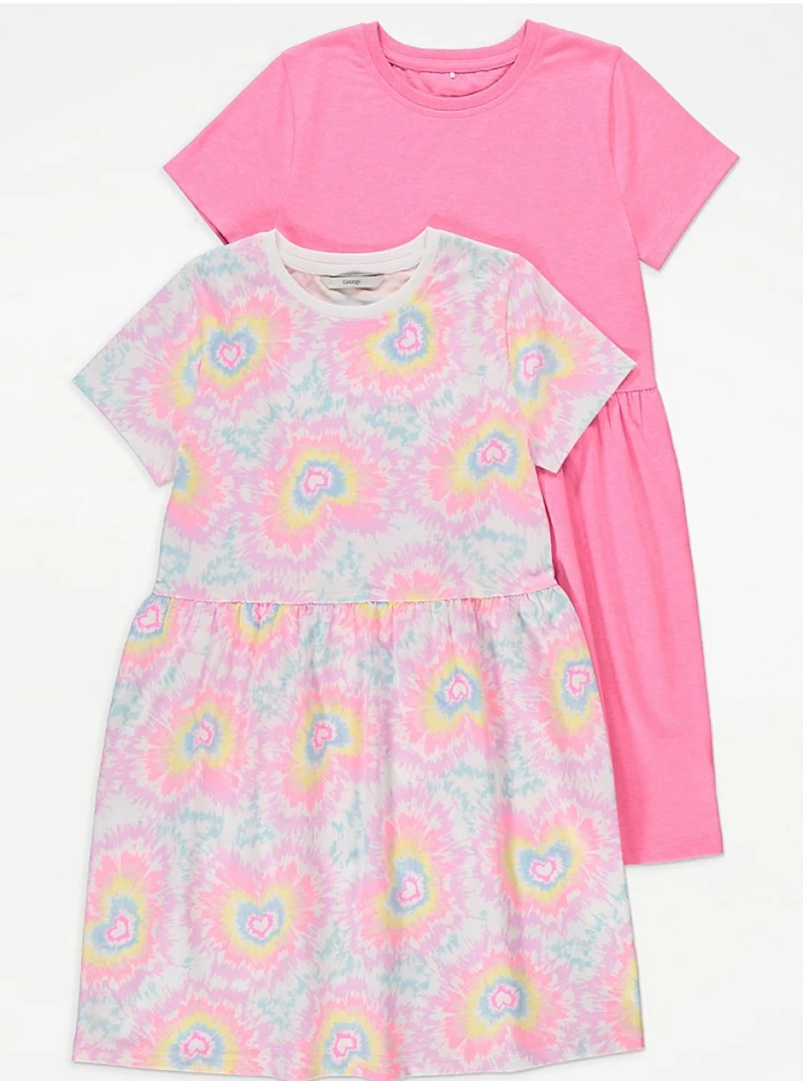"George at Asda Girls' Pink Heart Tie-Dye Short Sleeve Dresses 2-Pack | Cute Kids' Outfit Set"