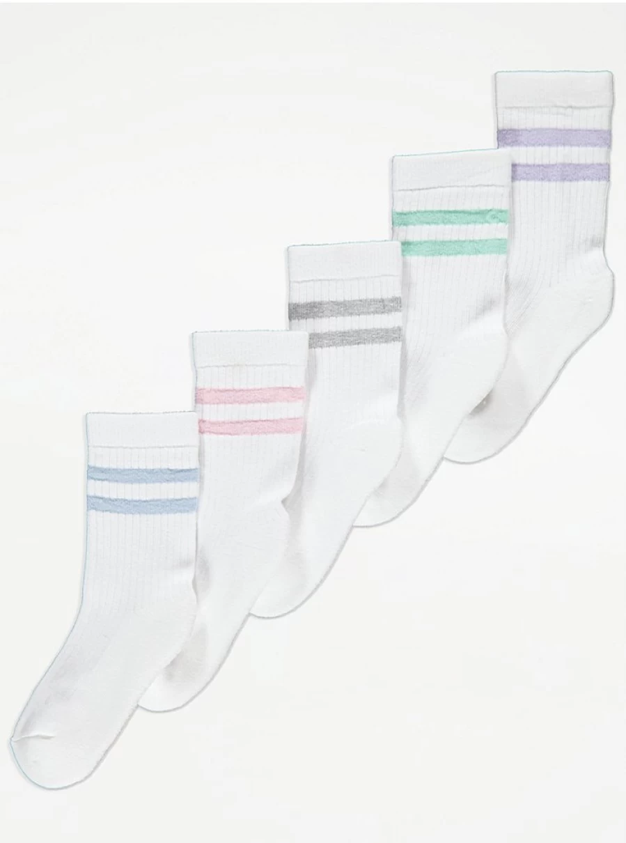 George at Asda Kids' 5-Pack White Ribbed Pastel Striped Ankle Socks - Soft & Comfortable