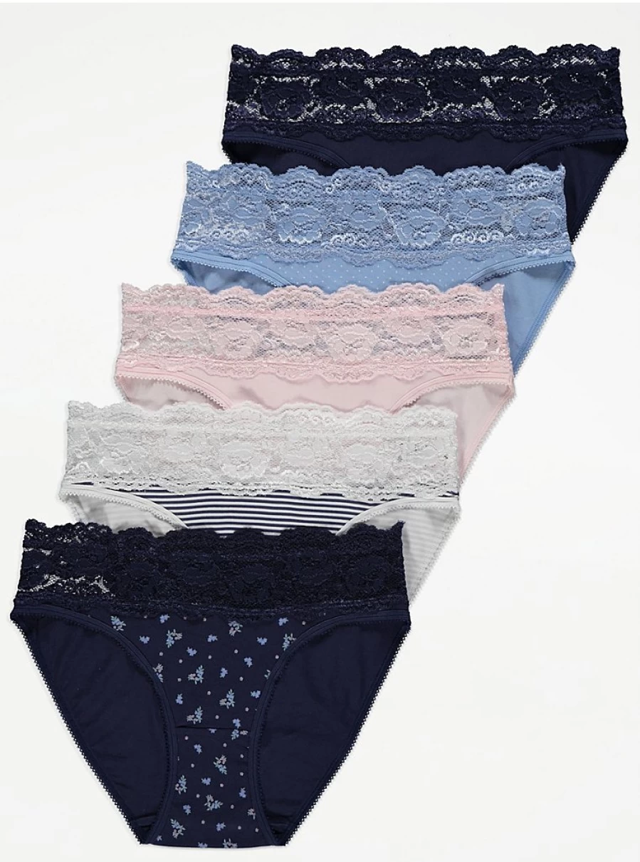 "George at Asda Blue Lace Trim High Leg Knickers 5-Pack | Women's Lingerie Set"