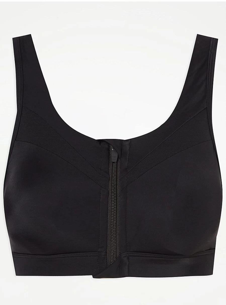 "George at Asda Women's Black Zip-Up Sports Bra – Comfortable & Supportive Activewear"
