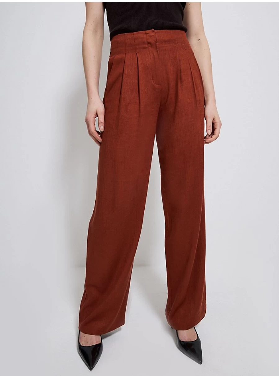 "George at Asda Women's Rust Linen Blend Pleat Front Wide Leg Trousers – Comfort & Style"