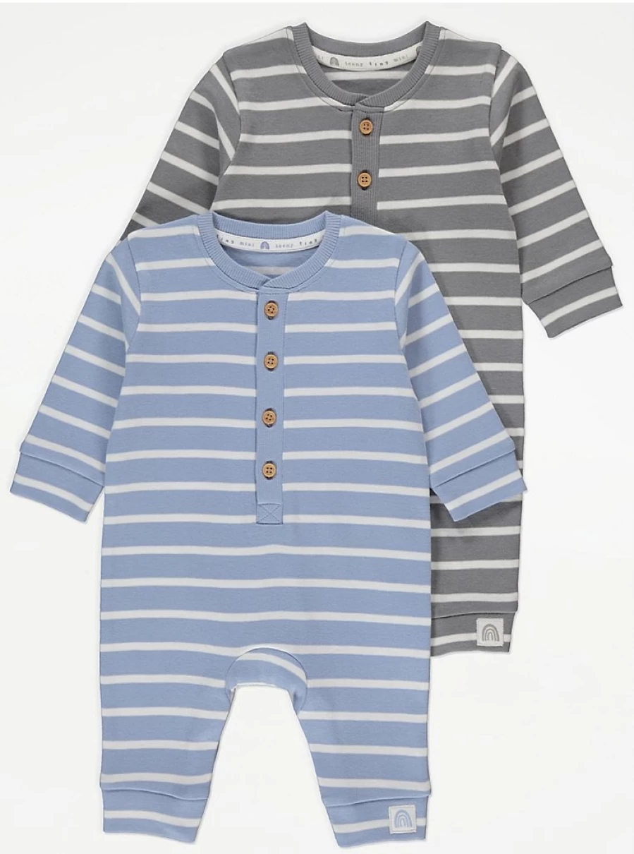 "George at Asda Baby 2-Pack Striped Long Sleeve Romper Onesies – Soft & Comfortable Outfits"