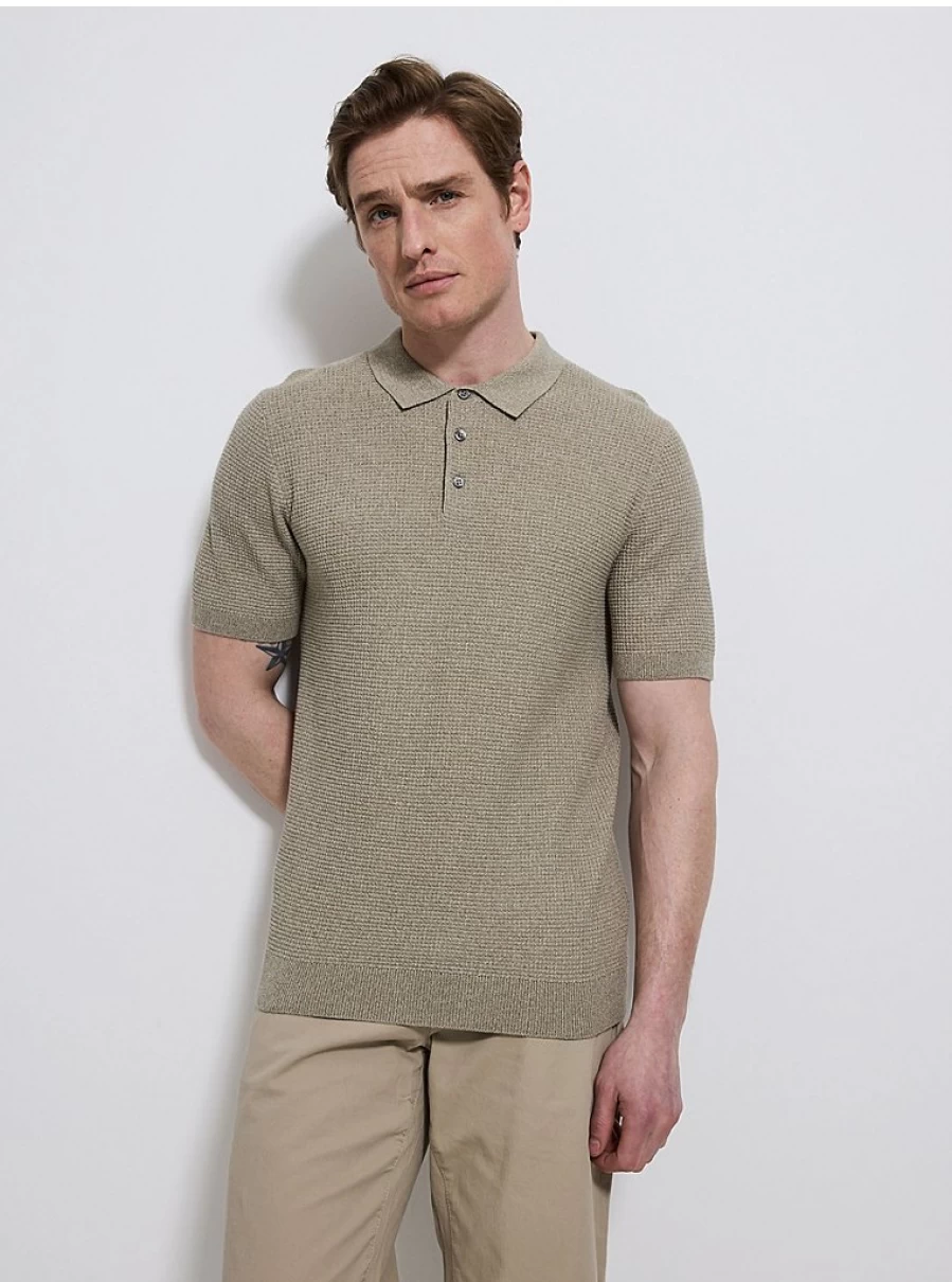 Men's Khaki Textured Knit Short Sleeve Polo Shirt | George at Asda