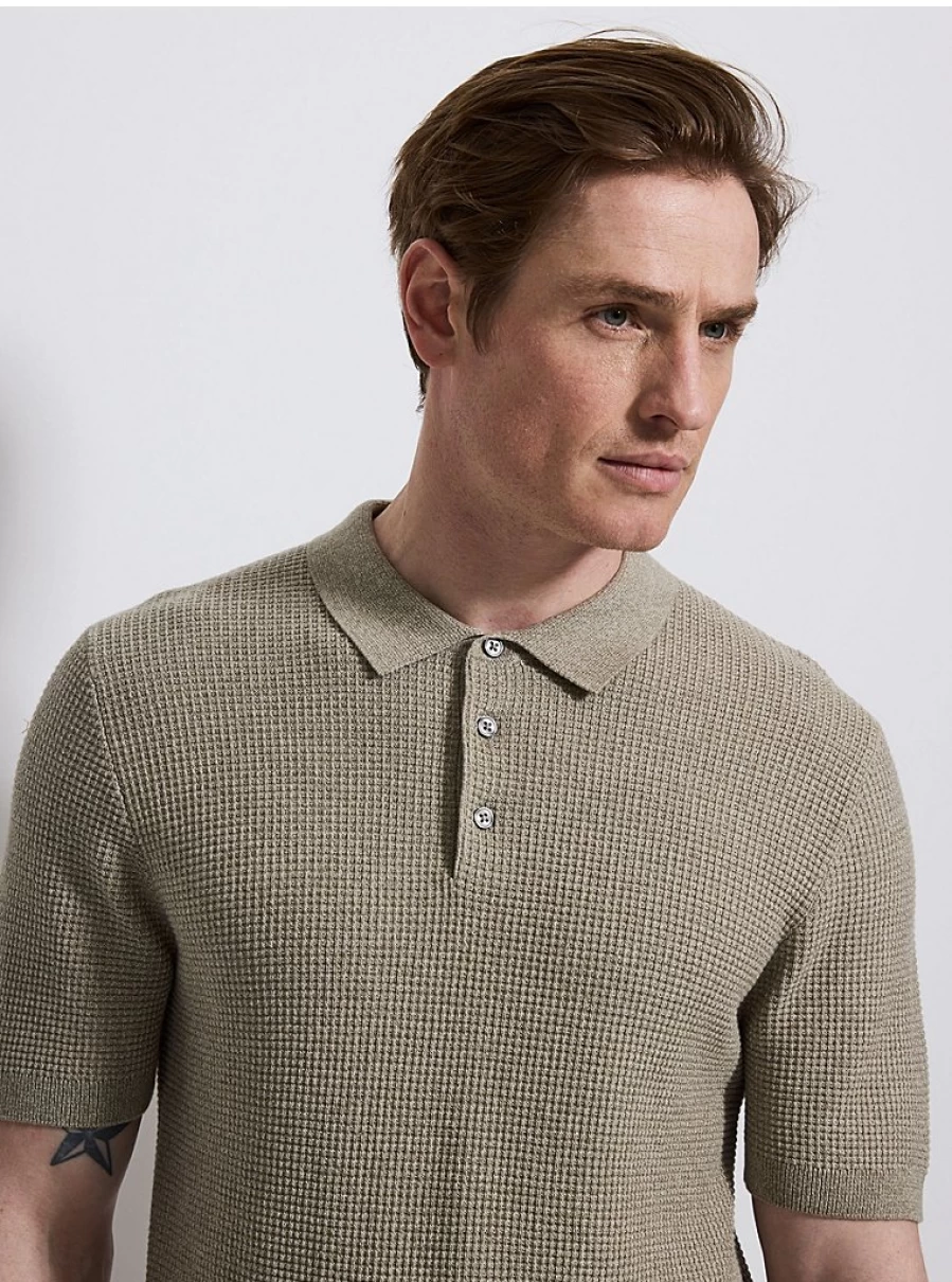 Men's Khaki Textured Knit Short Sleeve Polo Shirt | George at Asda